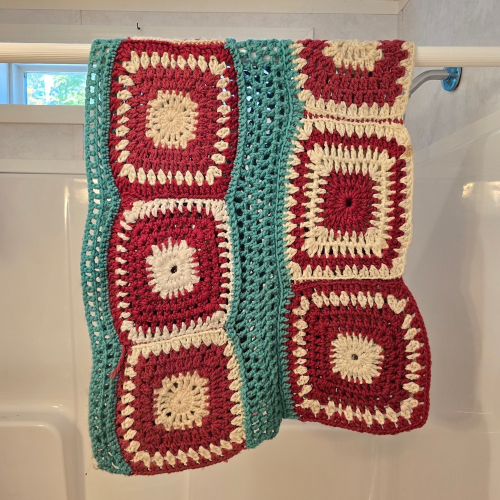 Vintage Hand Crocheted Granny Square Throw 40" x 17" Burgundy Teal Cream